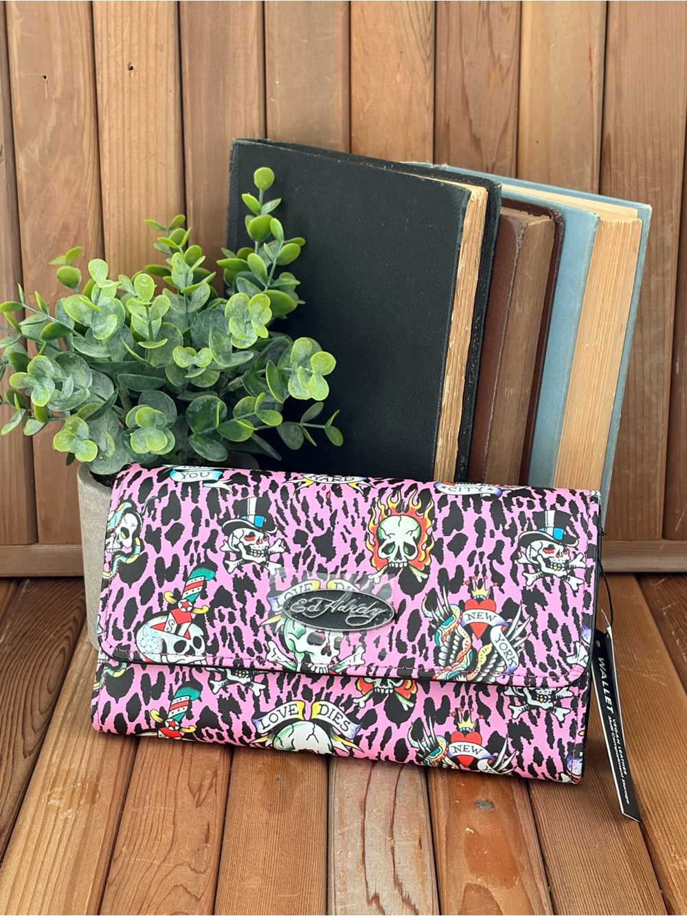 Ed Hardy Pink Leopard Skull Tattoo Print Trifold Y2K Wallet NWT